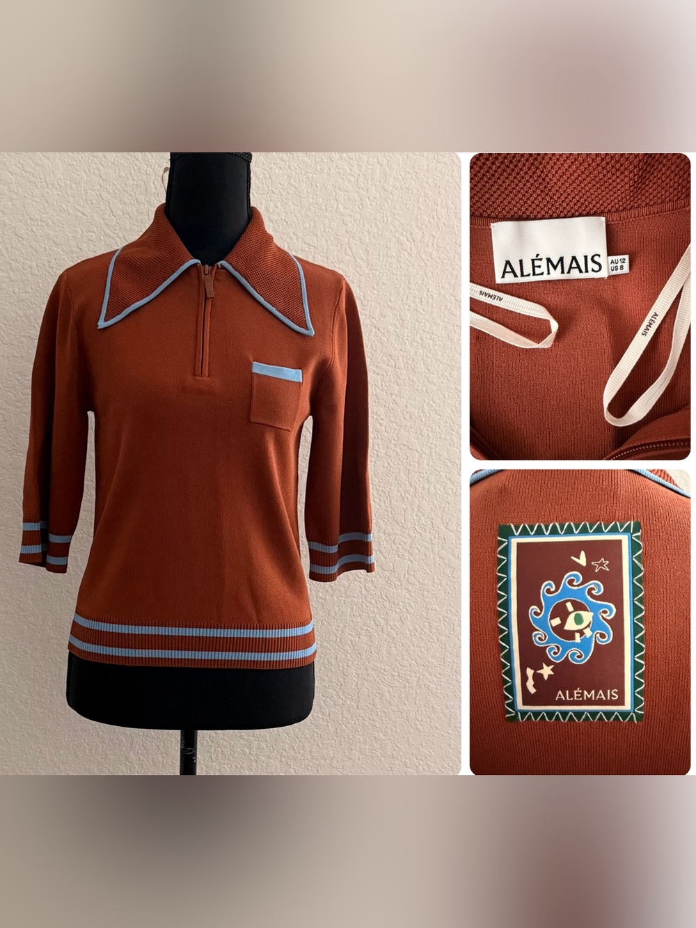 ALÉMAIS Noura Knit Rust Polo NWOT | Designer Knit Top US 8 AU 12